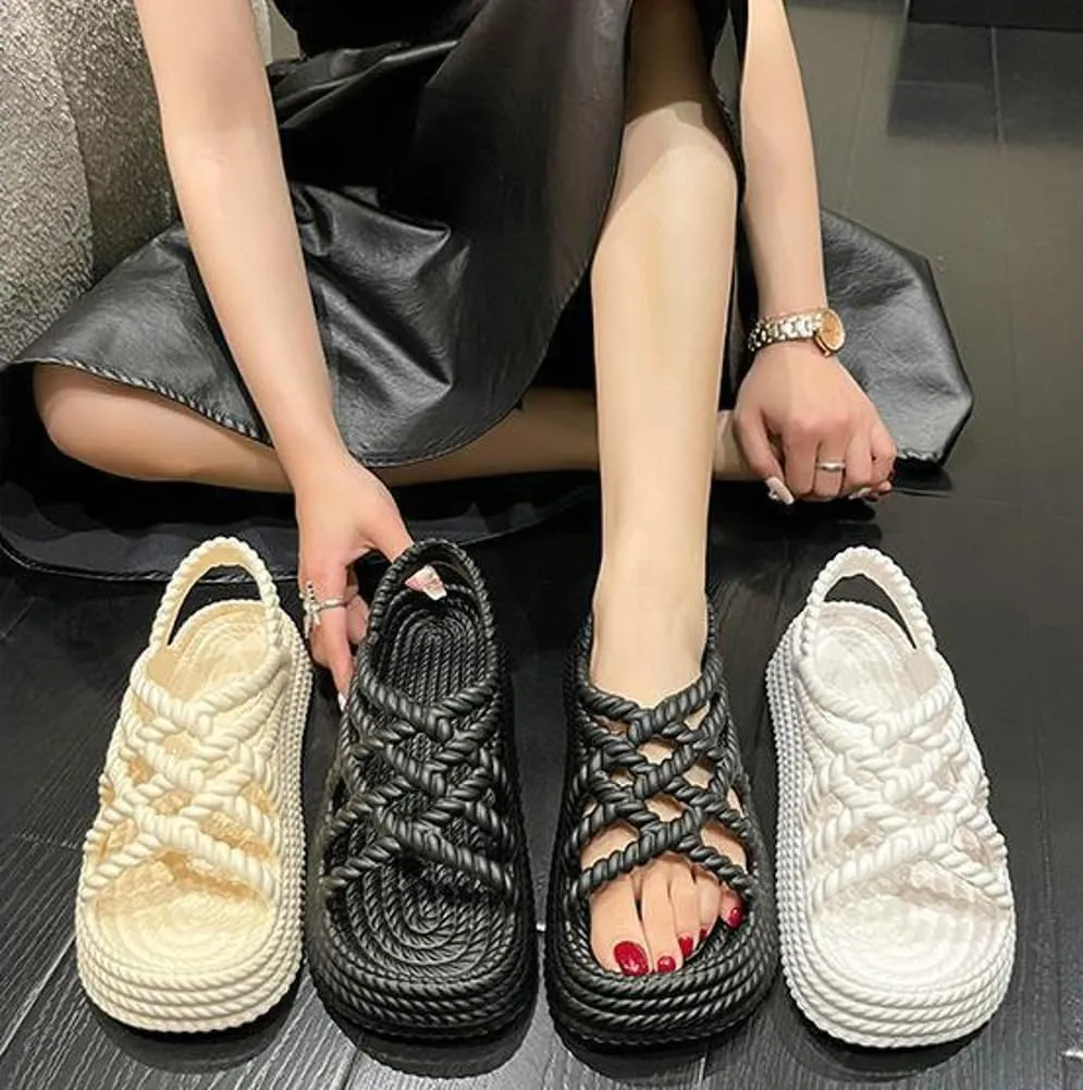 Rungion Women's Comfortable Platform Sandals Braided Criss-Cross Slide Strappy Walking Sandals Outdoor Summer Beach Slipper Shose