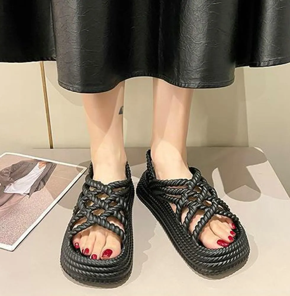 Rungion Women's Comfortable Platform Sandals Braided Criss-Cross Slide Strappy Walking Sandals Outdoor Summer Beach Slipper Shose