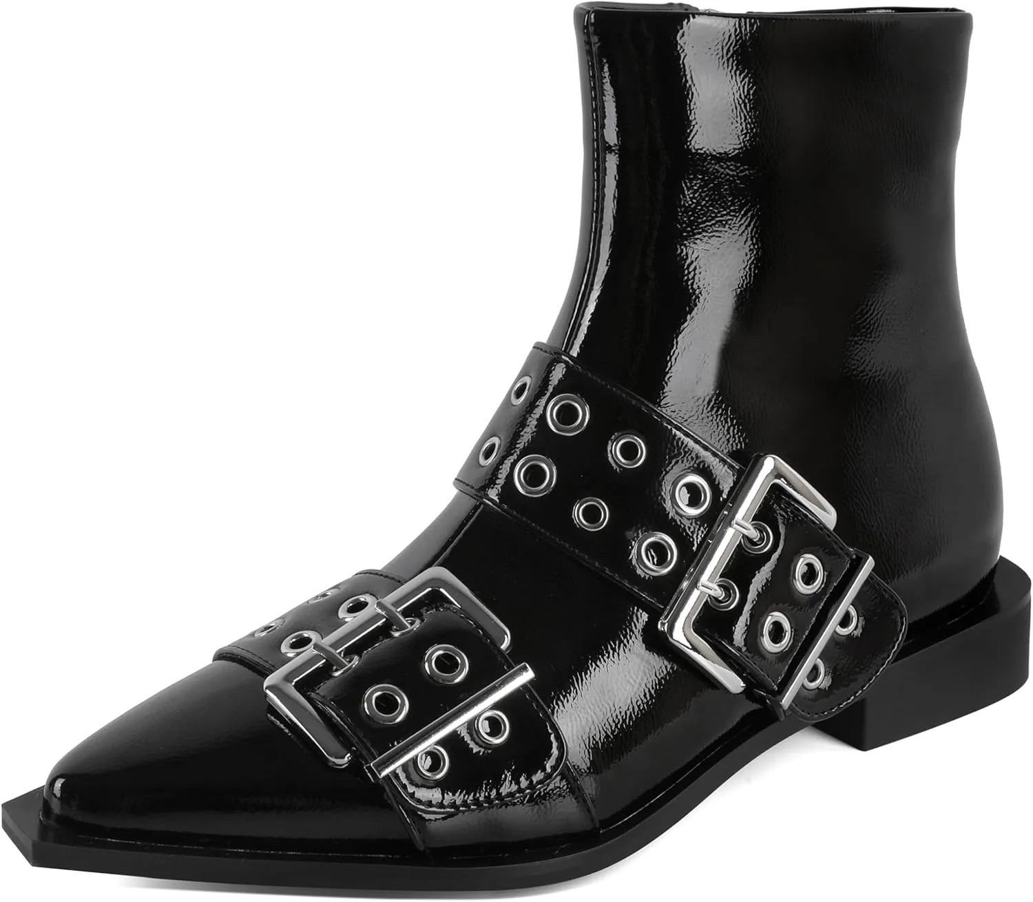 SAMMITOP Women's Ankle Boot Chunky Low Heel Dress Ankle Boots Classic Pointed Toe Side Zipper Chelsea Booties with Metal Buckle Eyelet 1.2 Inch