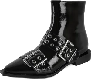 SAMMITOP Women's Ankle Boot Chunky Low Heel Dress Ankle Boots Classic Pointed Toe Side Zipper Chelsea Booties with Metal Buckle Eyelet 1.2 Inch