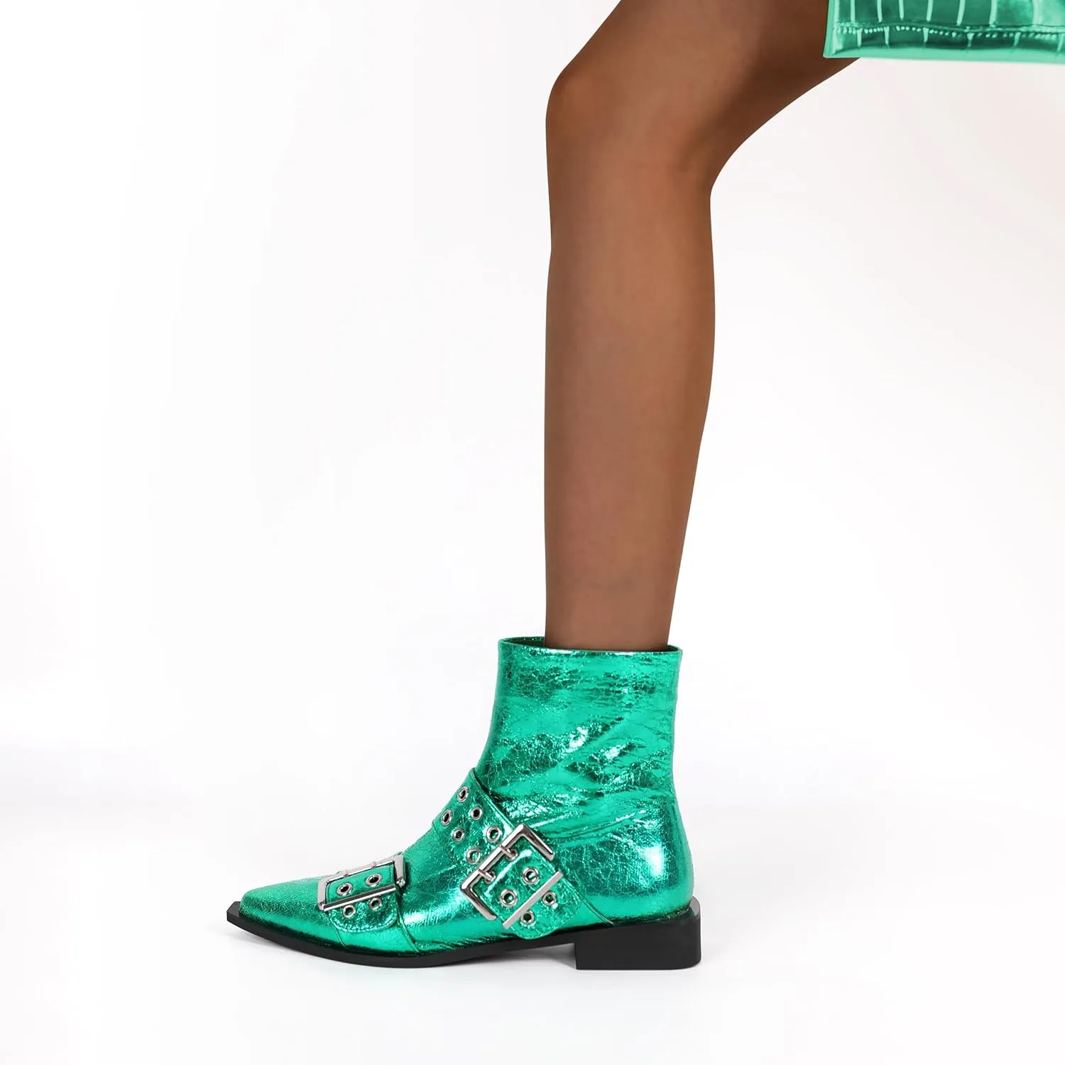 SAMMITOP Women's Ankle Boot Chunky Low Heel Dress Ankle Boots Classic Pointed Toe Side Zipper Chelsea Booties with Metal Buckle Eyelet 1.2 Inch
