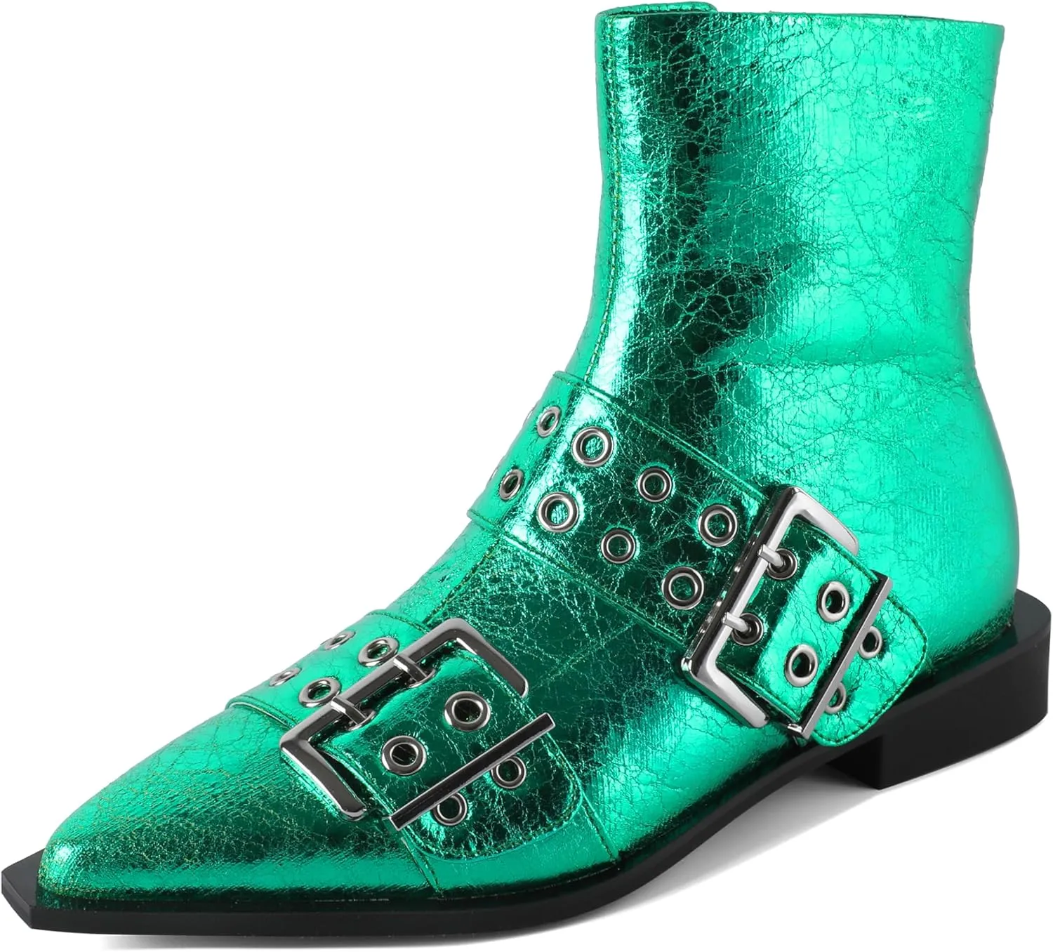 SAMMITOP Women's Ankle Boot Chunky Low Heel Dress Ankle Boots Classic Pointed Toe Side Zipper Chelsea Booties with Metal Buckle Eyelet 1.2 Inch