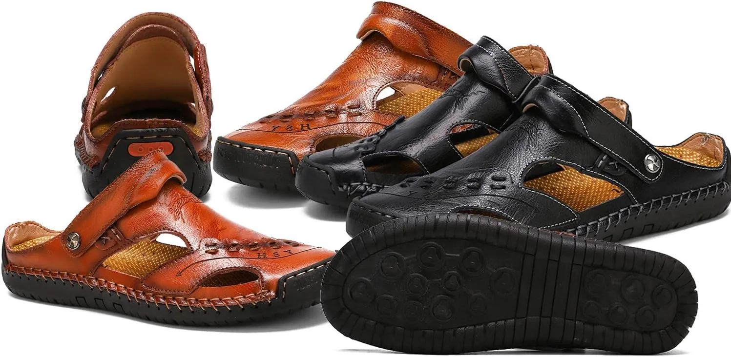 Sandals for Men Closed Toe Leather Sandals Athletic Strap Adjustable Loafers Outdoor Beach Shoes Black 38
