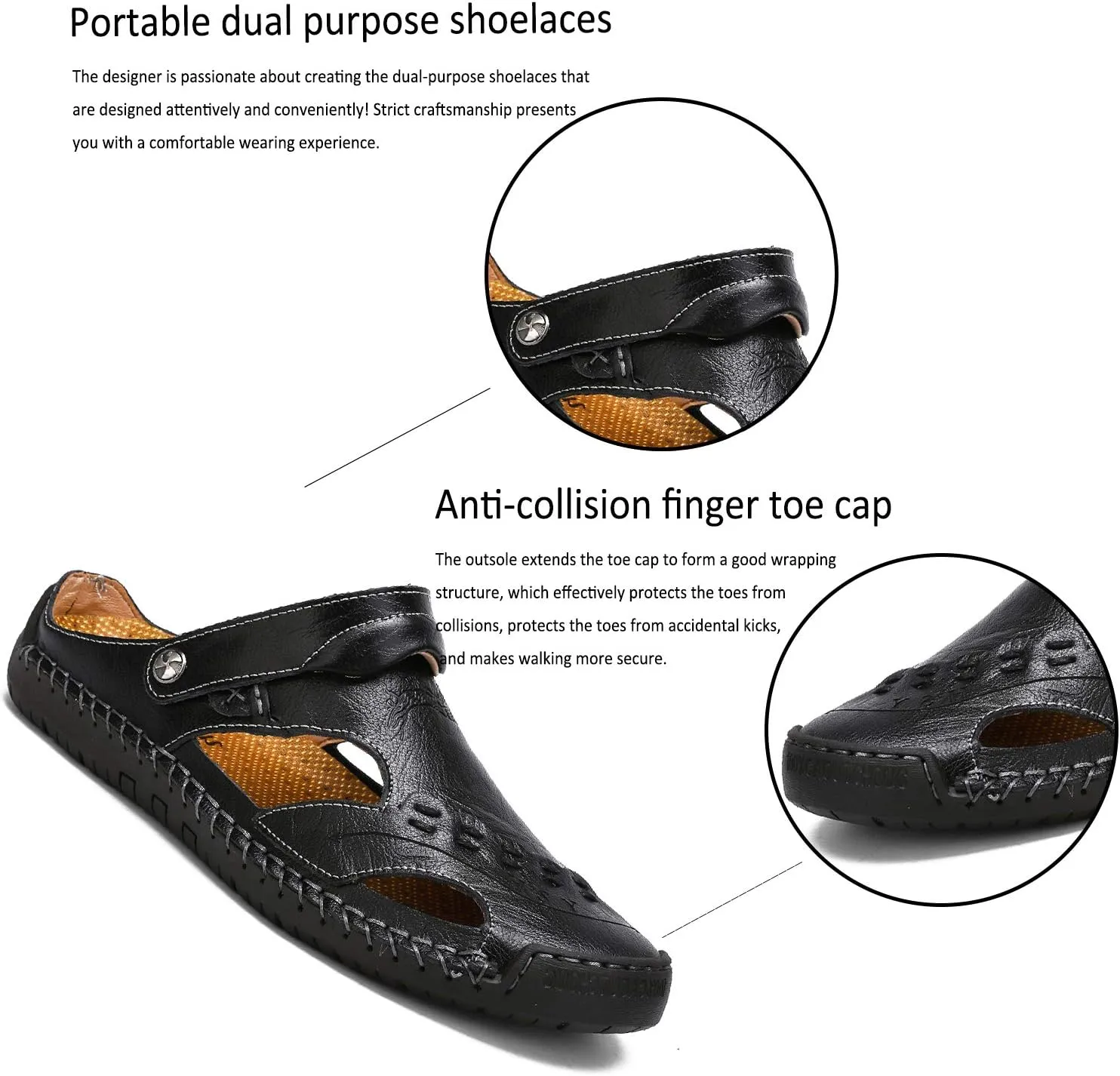 Sandals for Men Closed Toe Leather Sandals Athletic Strap Adjustable Loafers Outdoor Beach Shoes Black 38