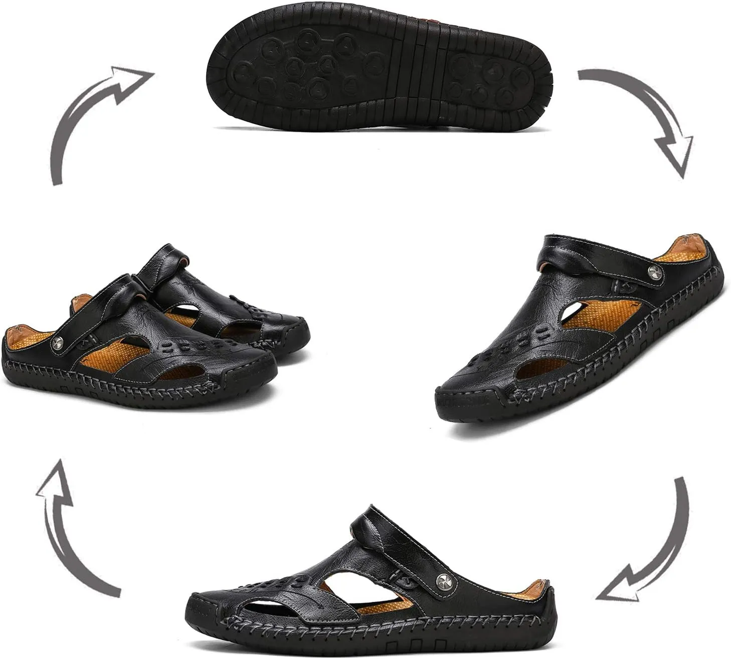 Sandals for Men Closed Toe Leather Sandals Athletic Strap Adjustable Loafers Outdoor Beach Shoes Black 38