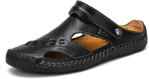 Sandals for Men Closed Toe Leather Sandals Athletic Strap Adjustable Loafers Outdoor Beach Shoes Black 38