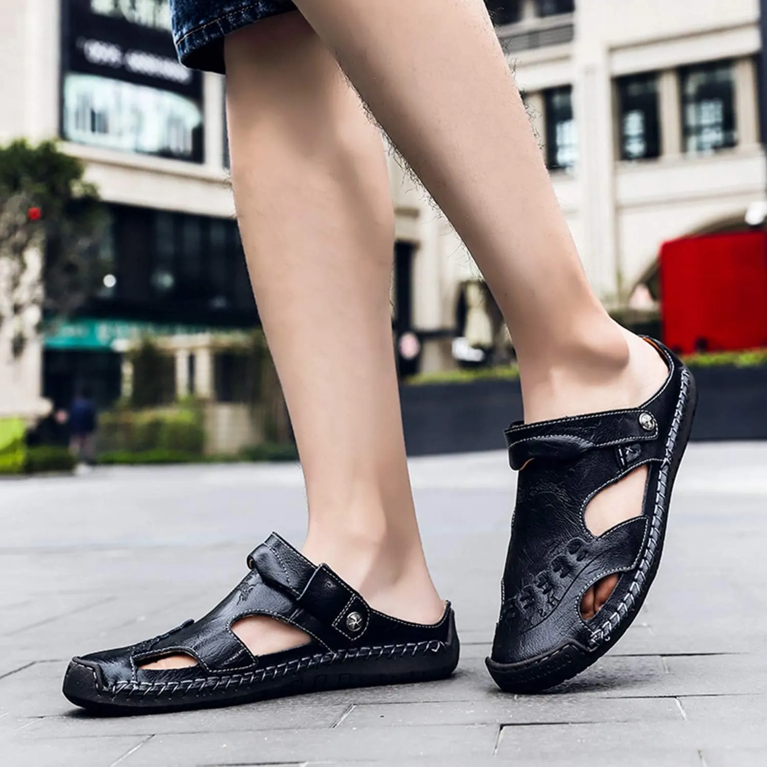 Sandals for Men Closed Toe Leather Sandals Athletic Strap Adjustable Loafers Outdoor Beach Shoes Black 38