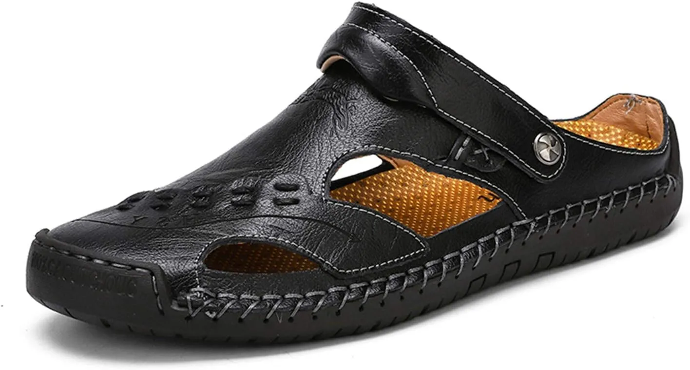 Sandals for Men Closed Toe Leather Sandals Athletic Strap Adjustable Loafers Outdoor Beach Shoes Black 38