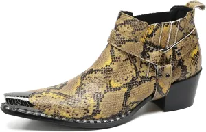 Santimon Chelsea Boots Men Casual Party Dress Genuine Leather Metal Pointed Toe Silp On Snake Print Cowboy Boots Fashion Buckle Ankle Western Boots for Men