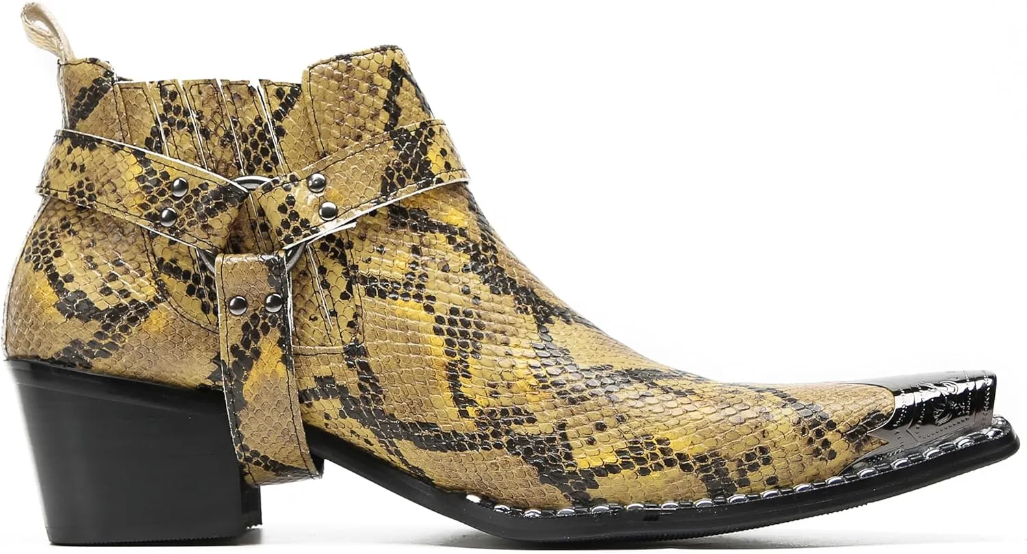 Santimon Chelsea Boots Men Casual Party Dress Genuine Leather Metal Pointed Toe Silp On Snake Print Cowboy Boots Fashion Buckle Ankle Western Boots for Men