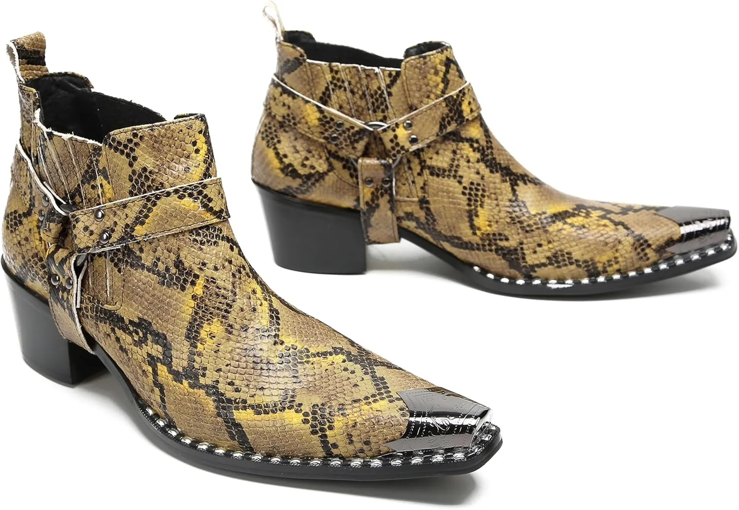 Santimon Chelsea Boots Men Casual Party Dress Genuine Leather Metal Pointed Toe Silp On Snake Print Cowboy Boots Fashion Buckle Ankle Western Boots for Men