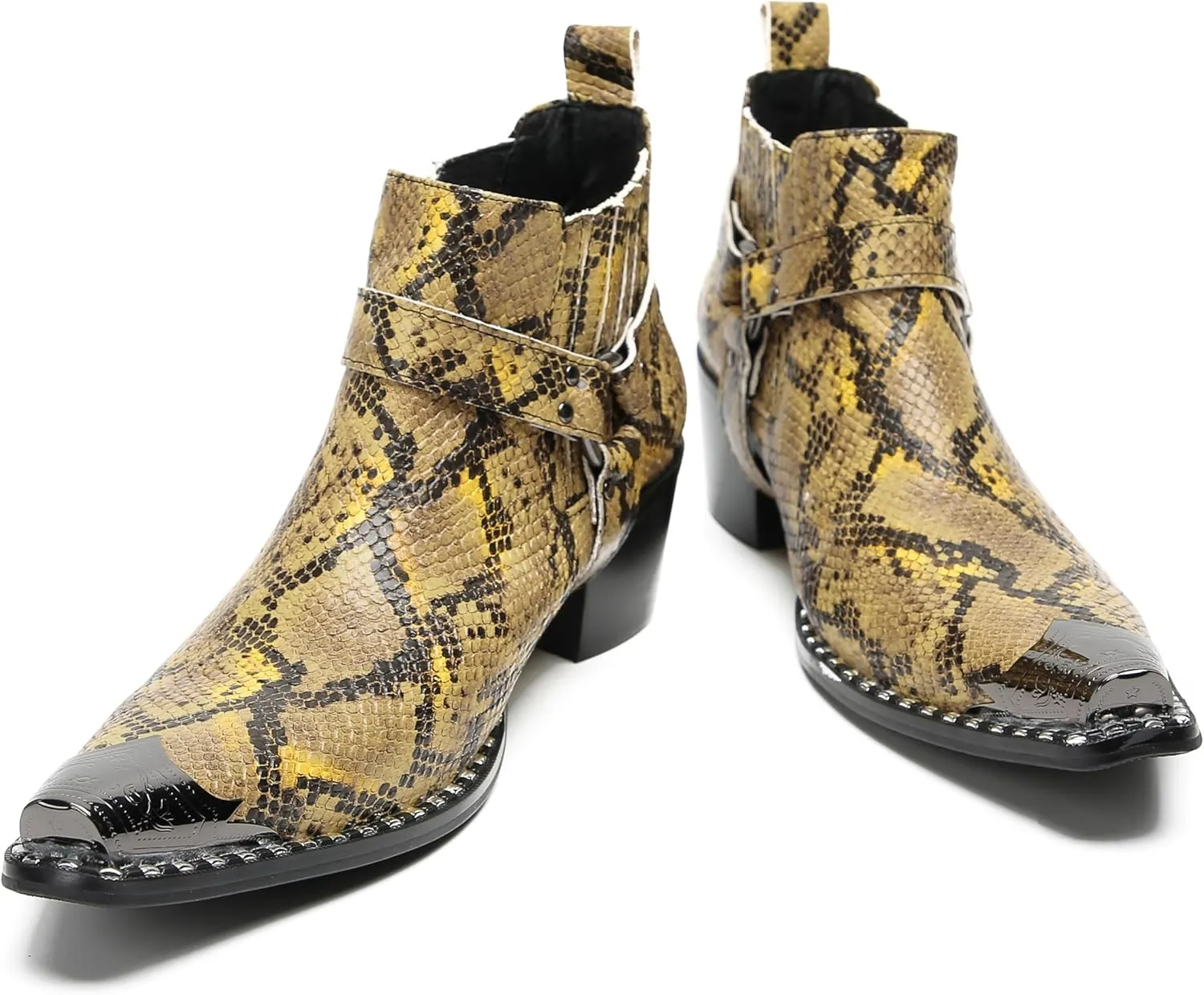 Santimon Chelsea Boots Men Casual Party Dress Genuine Leather Metal Pointed Toe Silp On Snake Print Cowboy Boots Fashion Buckle Ankle Western Boots for Men