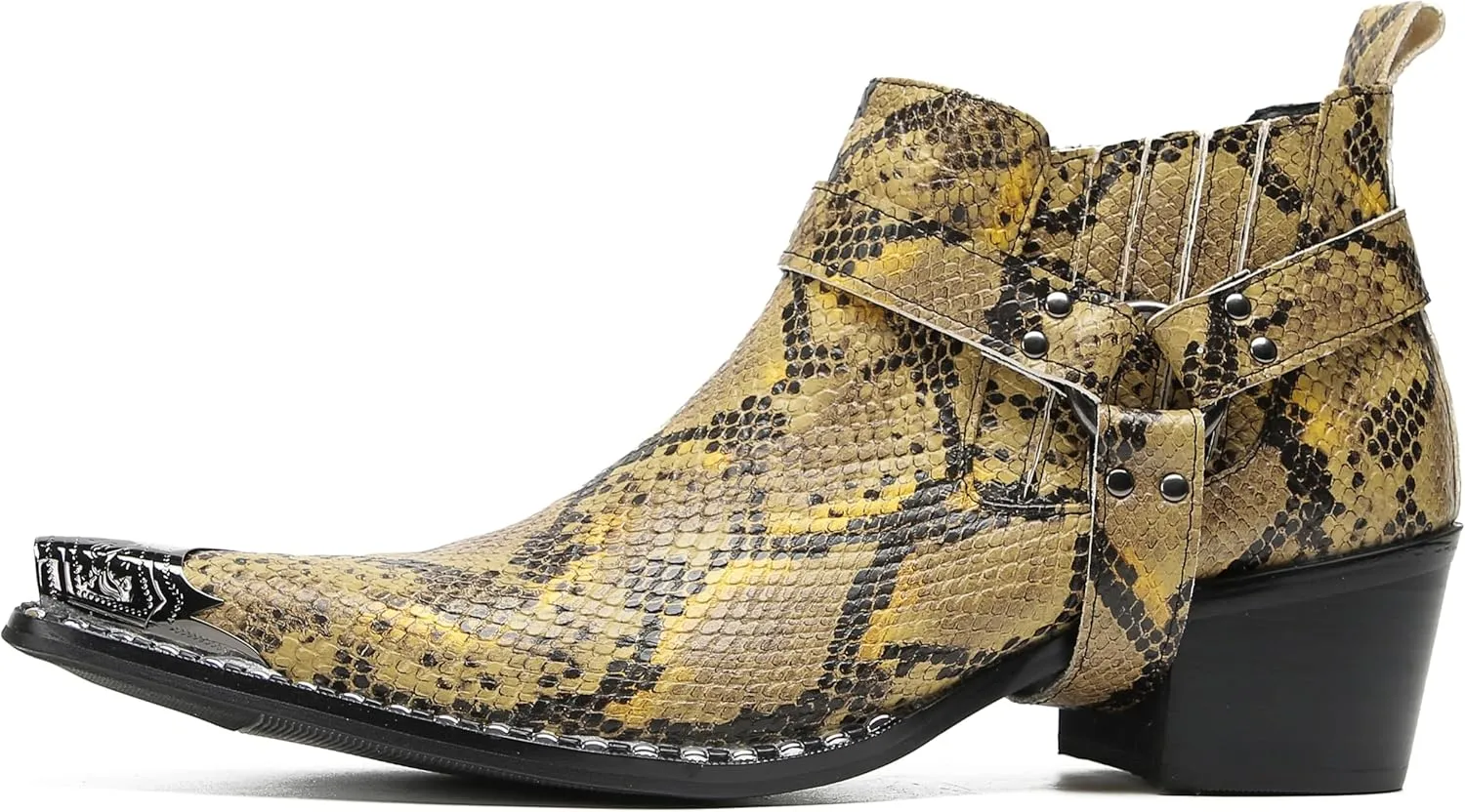 Santimon Chelsea Boots Men Casual Party Dress Genuine Leather Metal Pointed Toe Silp On Snake Print Cowboy Boots Fashion Buckle Ankle Western Boots for Men