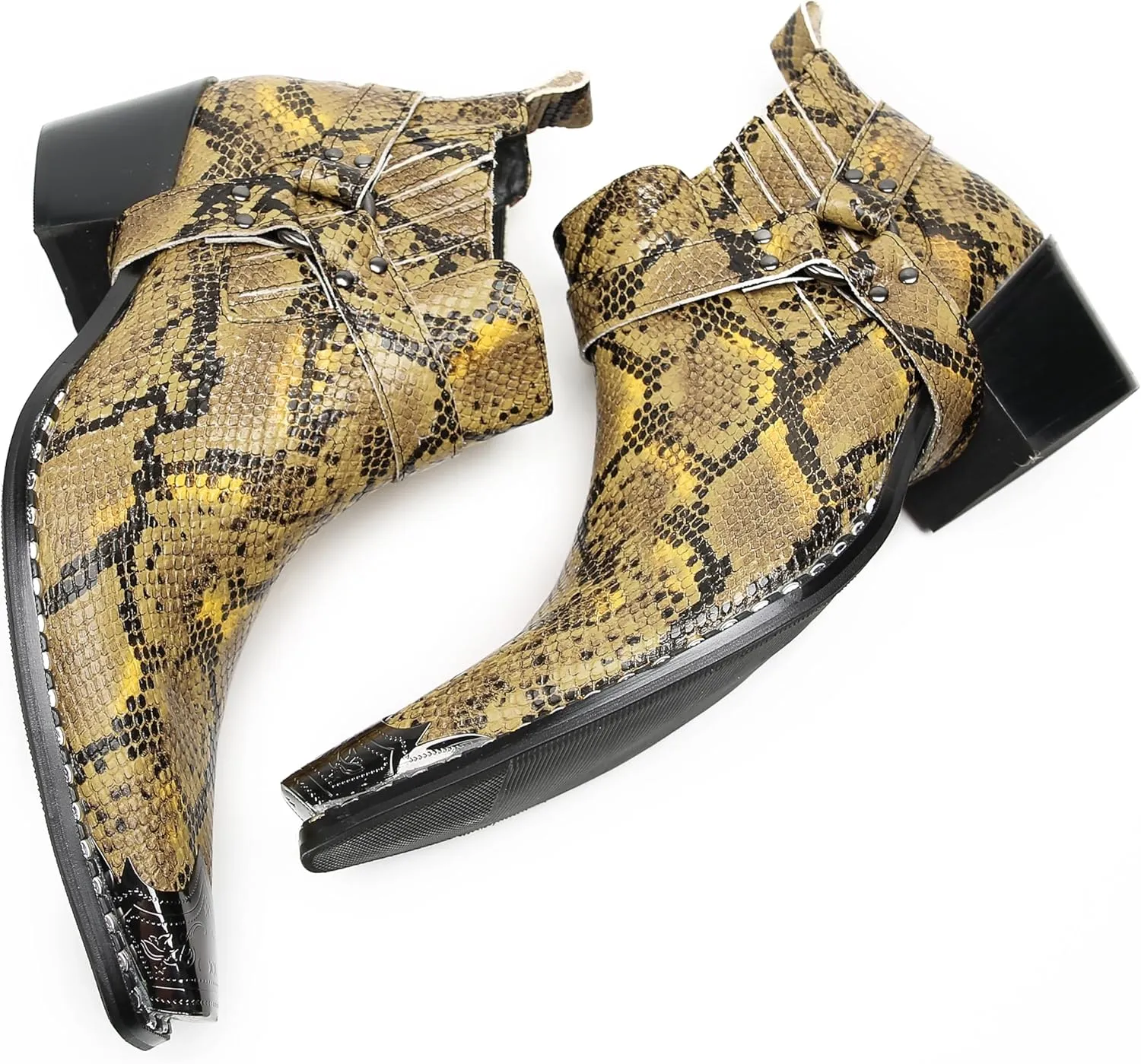 Santimon Chelsea Boots Men Casual Party Dress Genuine Leather Metal Pointed Toe Silp On Snake Print Cowboy Boots Fashion Buckle Ankle Western Boots for Men