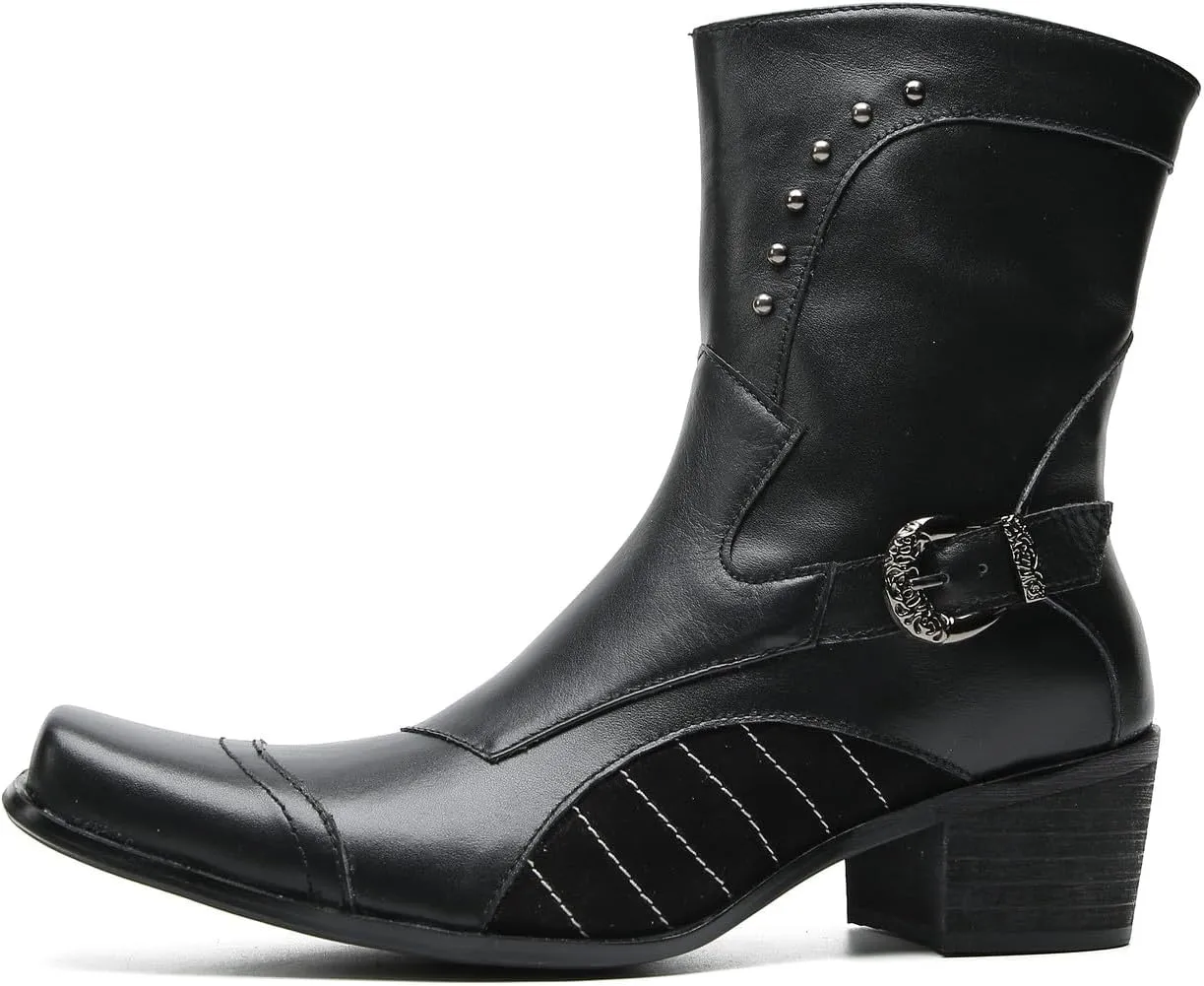 Santimon Cowboy Boots for Men Party Dress Casual Buttons Motorcycle Boots Fashion Western Chelsea High Top Boots for Mens
