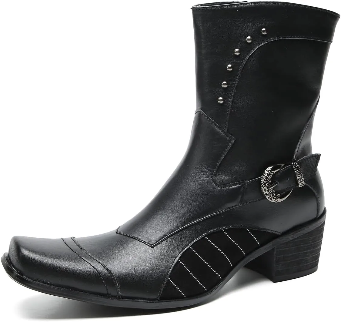 Santimon Cowboy Boots for Men Party Dress Casual Buttons Motorcycle Boots Fashion Western Chelsea High Top Boots for Mens