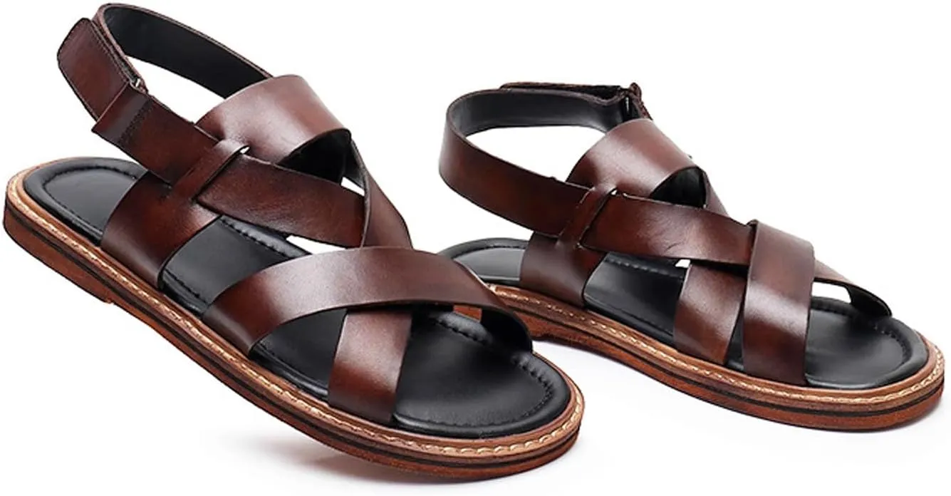 Santimon Mens Sandals Black Dress Slippers Open Toe Cowhide Leather Casual Shoes for Men Summer Beach Sandals Stylish Comfortable Non-Slip Wear-Resistant Loafers Shoes