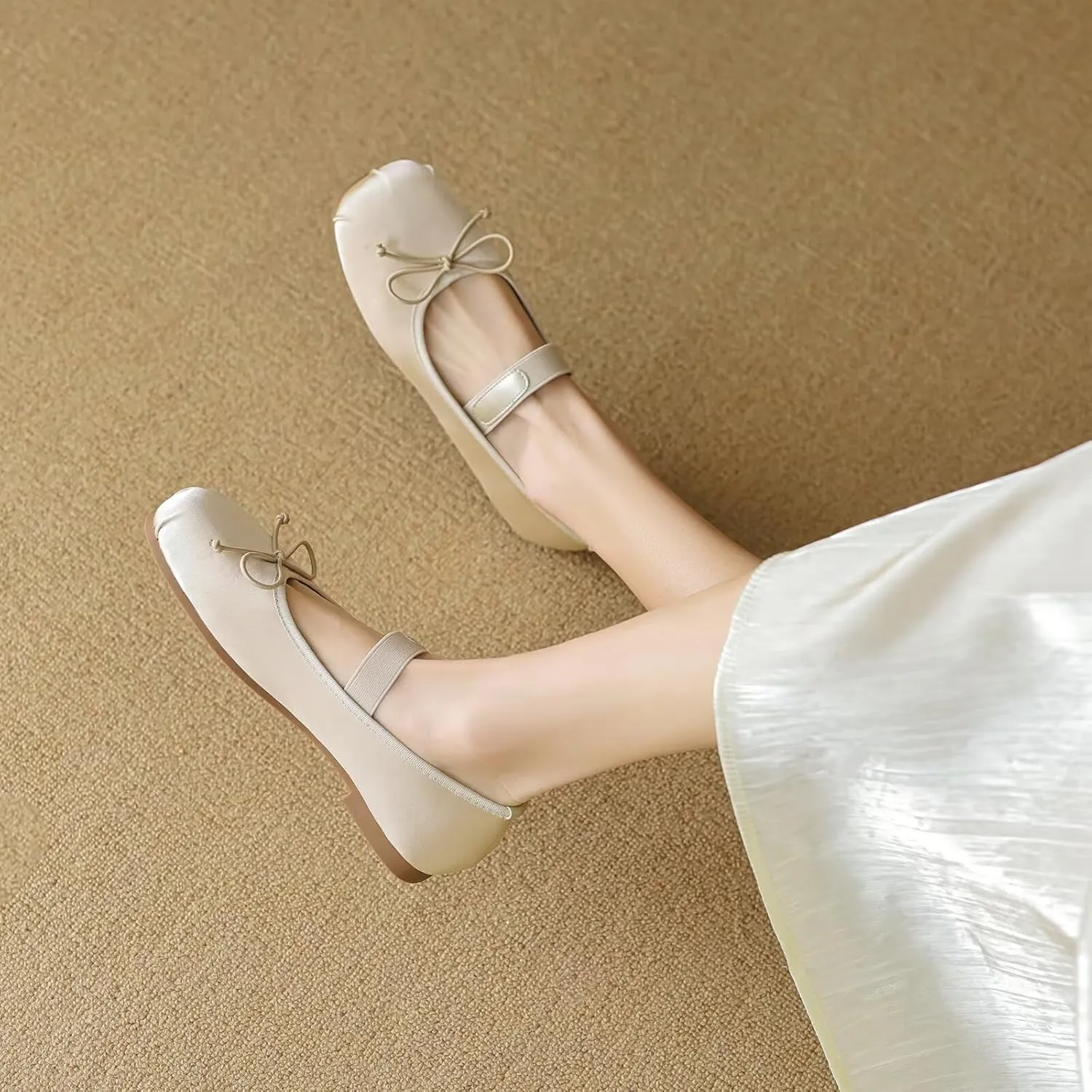 Satin Ballet Flats for Women Square Toe Comfy Flats Slip on Bowknot Shoes for Women Dressy Bow Shoes with Elastic Strap