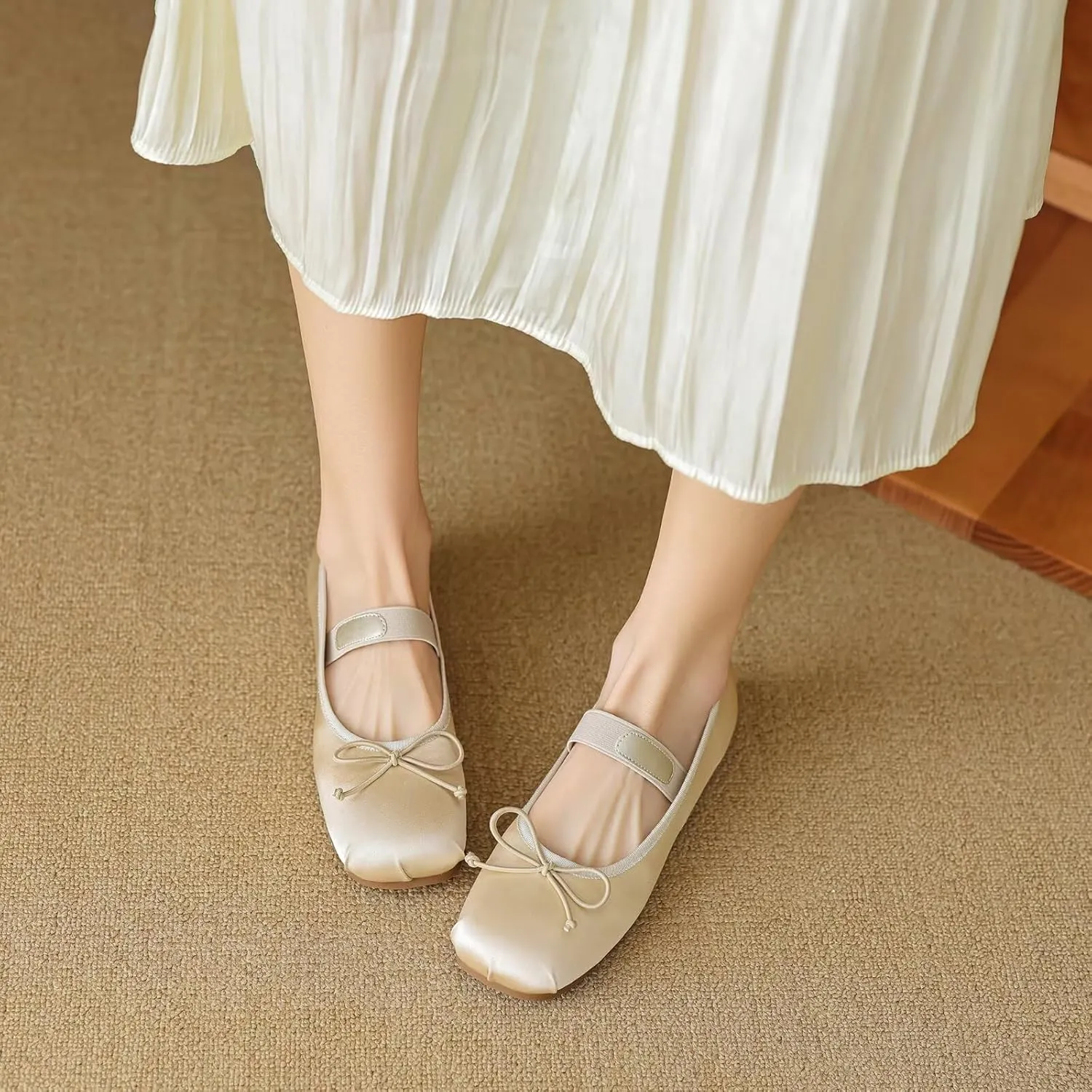 Satin Ballet Flats for Women Square Toe Comfy Flats Slip on Bowknot Shoes for Women Dressy Bow Shoes with Elastic Strap