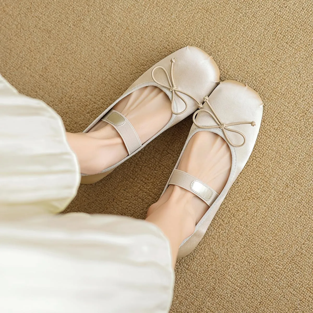 Satin Ballet Flats for Women Square Toe Comfy Flats Slip on Bowknot Shoes for Women Dressy Bow Shoes with Elastic Strap