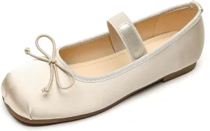 Satin Ballet Flats for Women Square Toe Comfy Flats Slip on Bowknot Shoes for Women Dressy Bow Shoes with Elastic Strap
