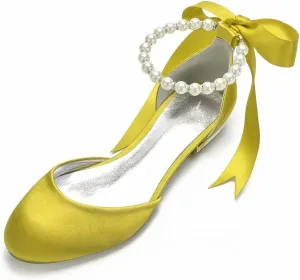 Satin Pearls Wedding Flats Shoes for Bride Round Toe Formal Evening Party Dress Flat Shoes Women 5049-63