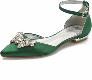 Satin Rhinestones Wedding Flats Shoes for Bride Pointed Toe Prom Evening Bridal Party Dress Flats Women 5047-63