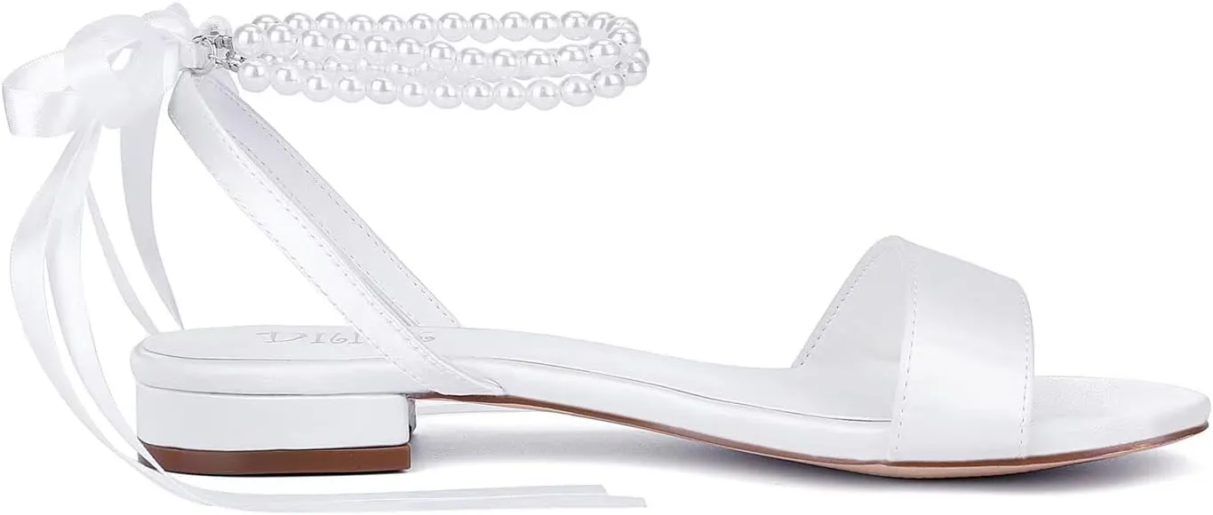 Satin Wedding Flats for Bride Pearl Sandals Open Toe Bridal Shoes Flat Wedding Shoes for Bride