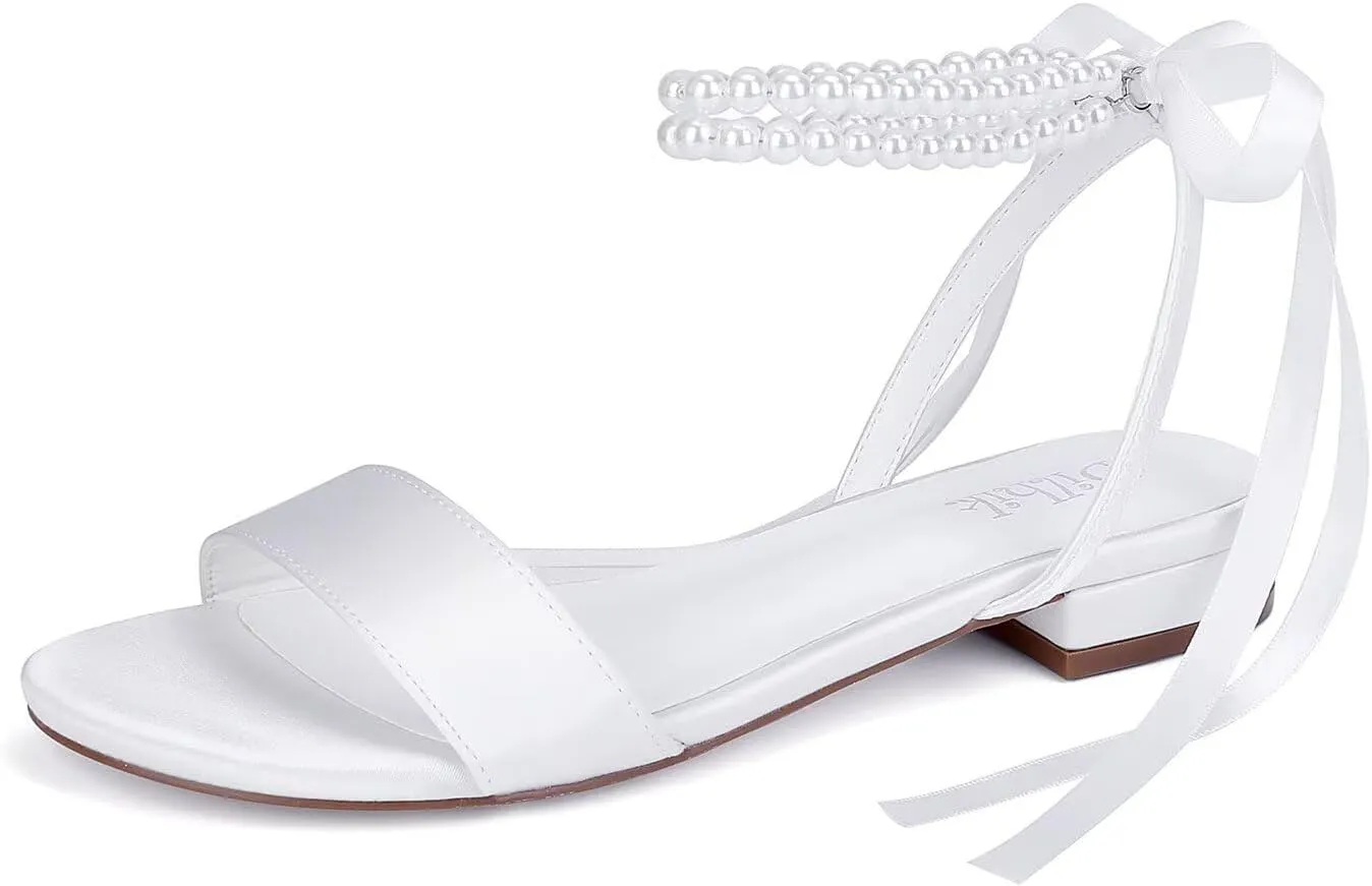 Satin Wedding Flats for Bride Pearl Sandals Open Toe Bridal Shoes Flat Wedding Shoes for Bride