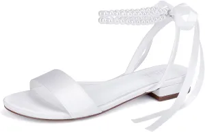 Satin Wedding Flats for Bride Pearl Sandals Open Toe Bridal Shoes Flat Wedding Shoes for Bride