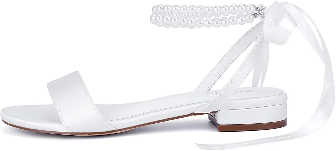 Satin Wedding Flats for Bride Pearl Sandals Open Toe Bridal Shoes Flat Wedding Shoes for Bride
