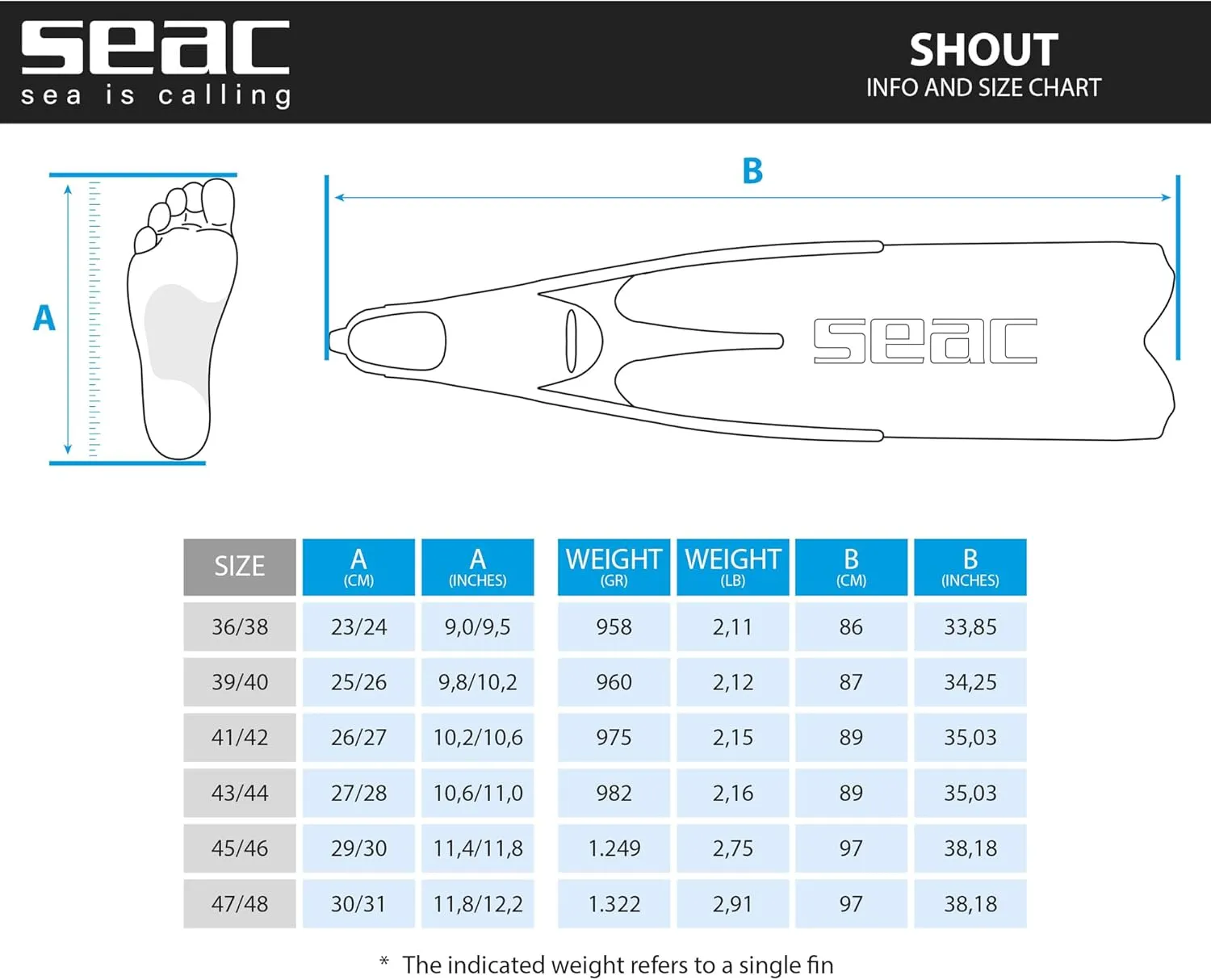 SEAC Shout Adult Long Fins for Scuba Diving, Freediving and Spearfishing