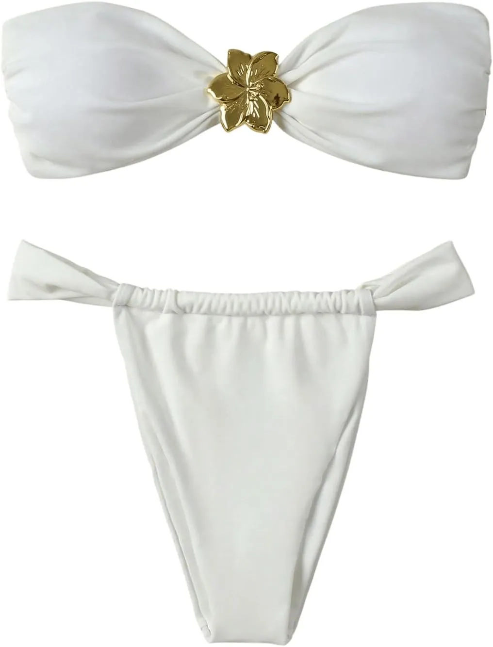 SHENHE Women's 2 Piece Strapless Swimsuit U Wire Floral Tie Back Ruched Bandeau Bikini with Thong Set