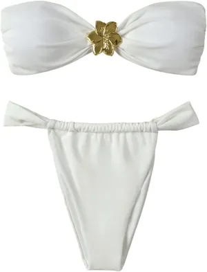 SHENHE Women's 2 Piece Strapless Swimsuit U Wire Floral Tie Back Ruched Bandeau Bikini with Thong Set