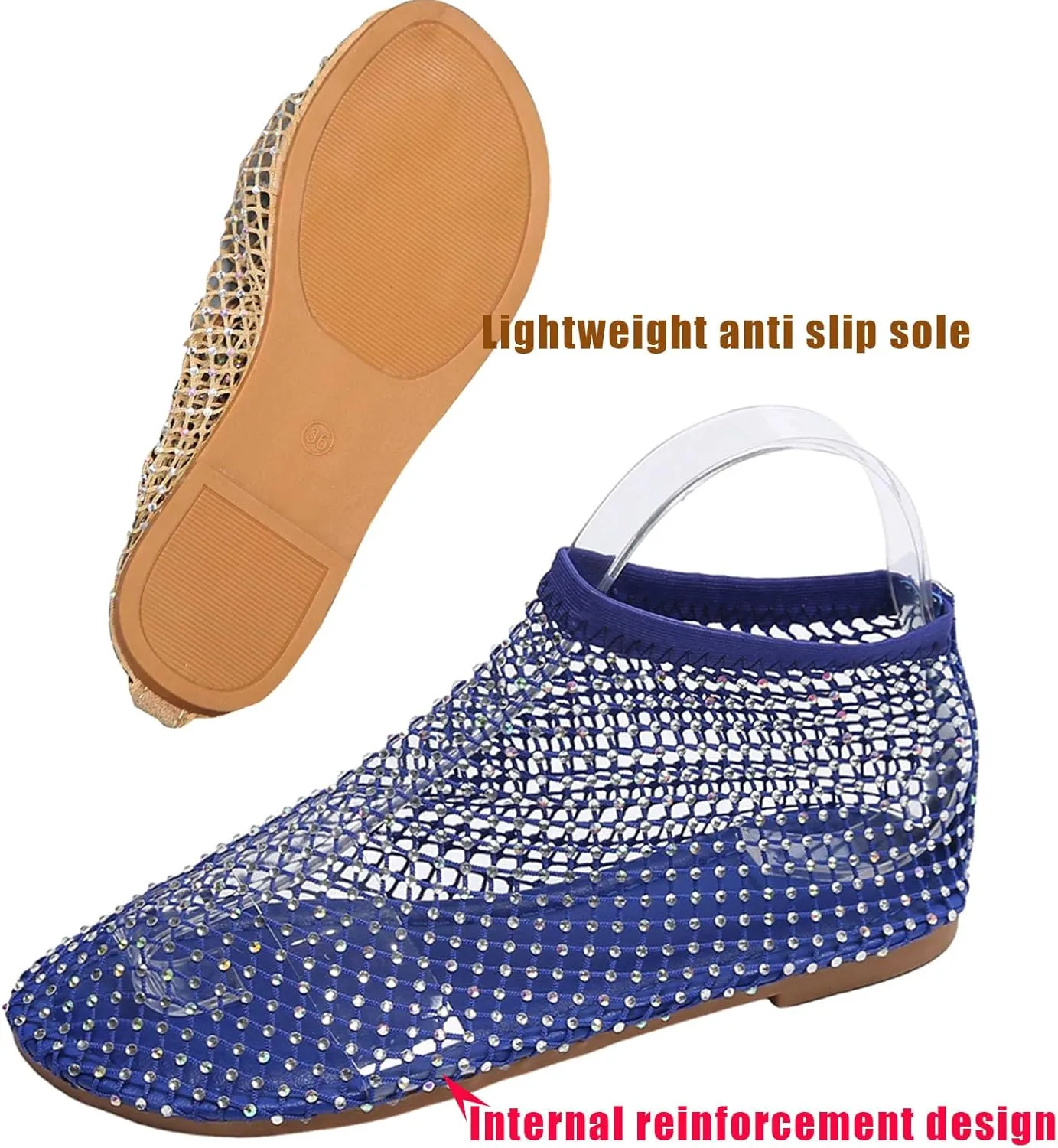 Shiny Gem Mesh Flats for Women, Sandals Dressy Summer Slip On Shoes, Sexy Cutout Sparkly Casual Wedding Dress Flats