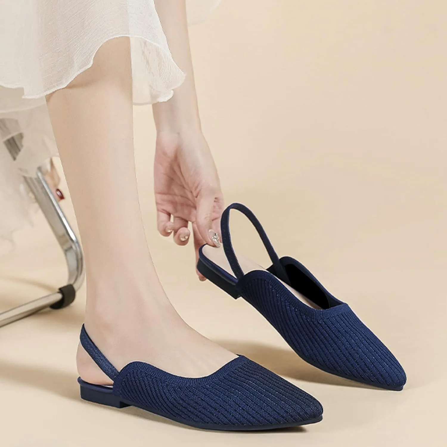 Slingback Flats for Women Pointed Toe Flats Breathable Knit Comfortable Dressy Casual for Work Office Slip on Ballet Flats