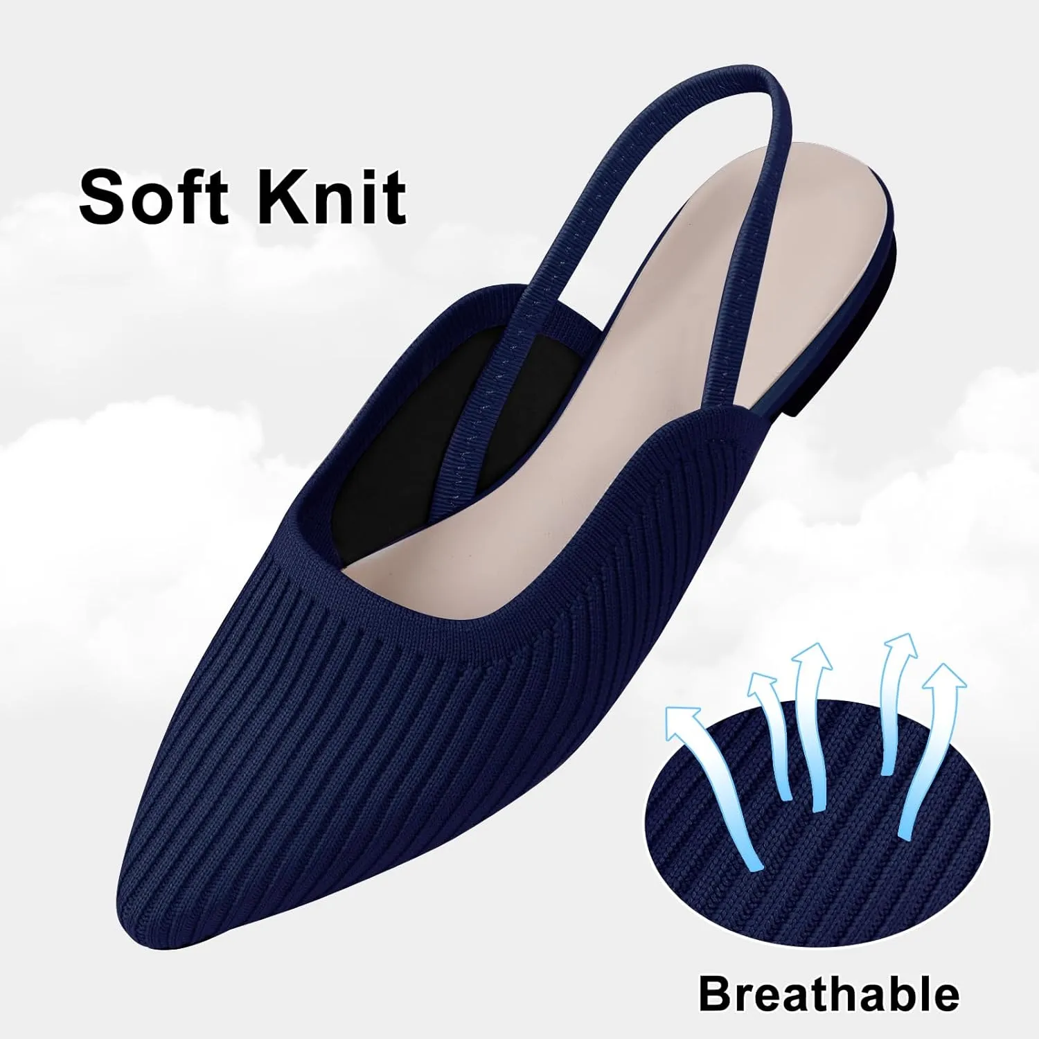 Slingback Flats for Women Pointed Toe Flats Breathable Knit Comfortable Dressy Casual for Work Office Slip on Ballet Flats