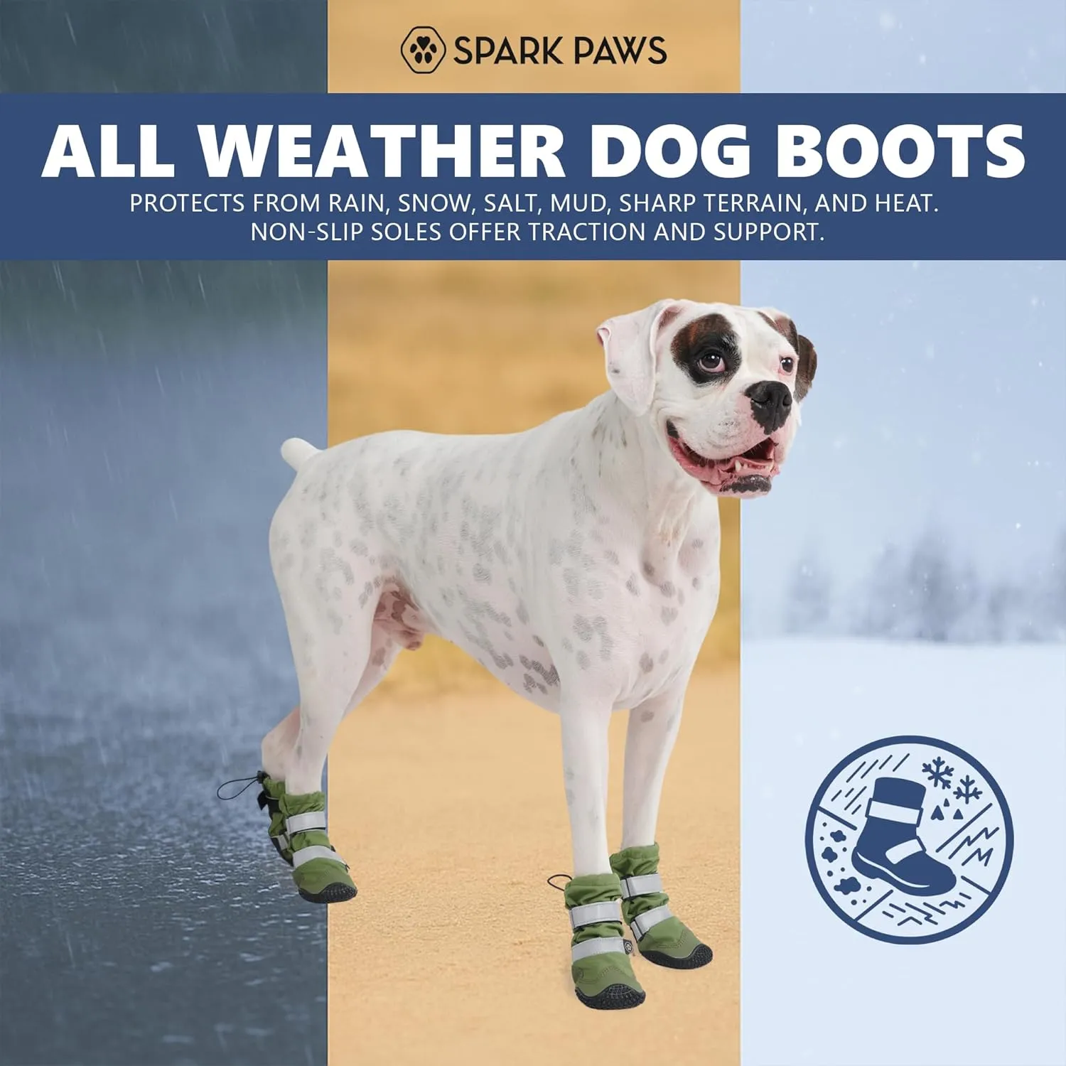 Spark Paws Water-Resistant Dog Boots for Medium Large Dogs, Anti-Slip Dog Shoe Booties Paw Protector for Rain Snow Hiking Reflective Straps 4PCS - Green, A