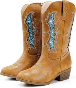Sparkly Glitter Cowgirl Cowboy Boots for Girls Little Kids Mid Calf Zipper Pointed Toes Low Heel Western Embroidery Party Birthday Toddler to Big Kid