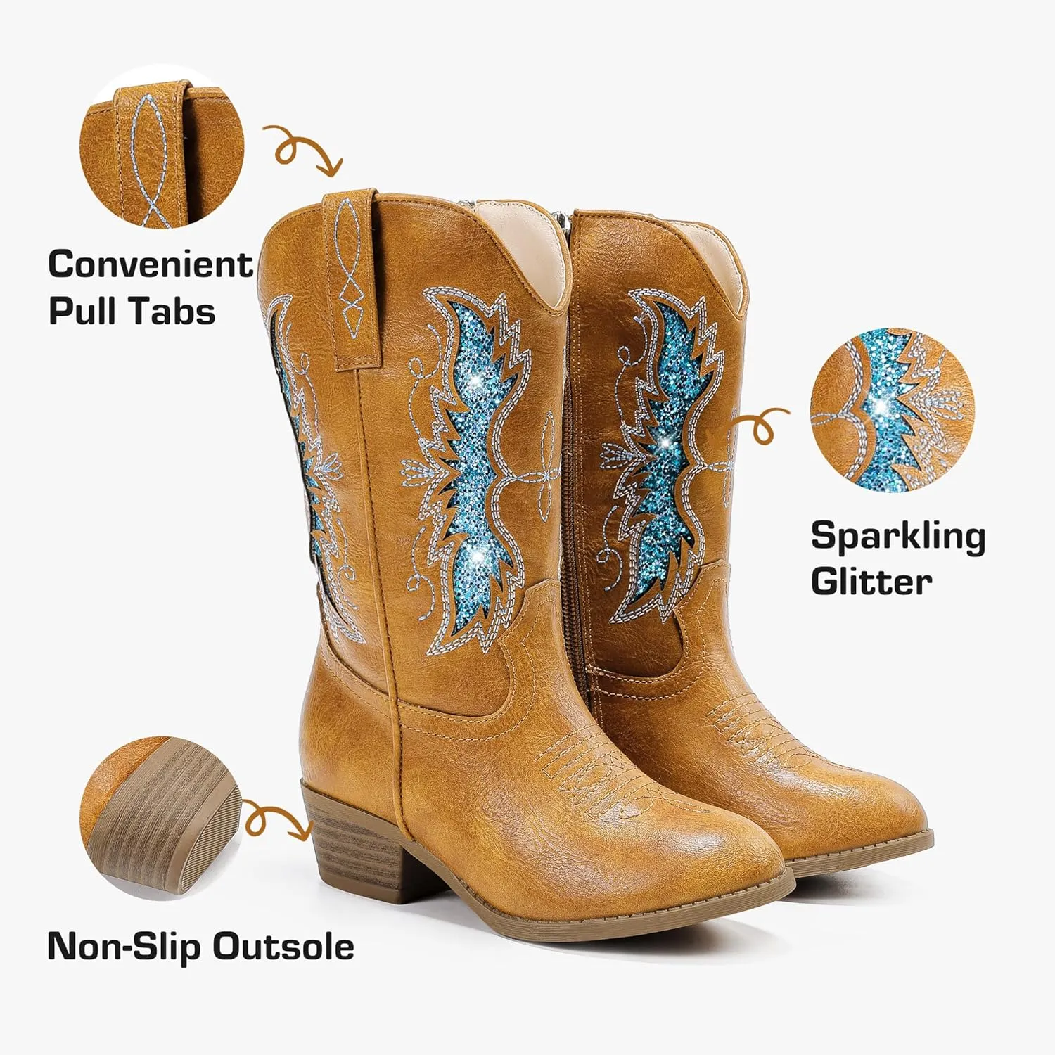 Sparkly Glitter Cowgirl Cowboy Boots for Girls Little Kids Mid Calf Zipper Pointed Toes Low Heel Western Embroidery Party Birthday Toddler to Big Kid