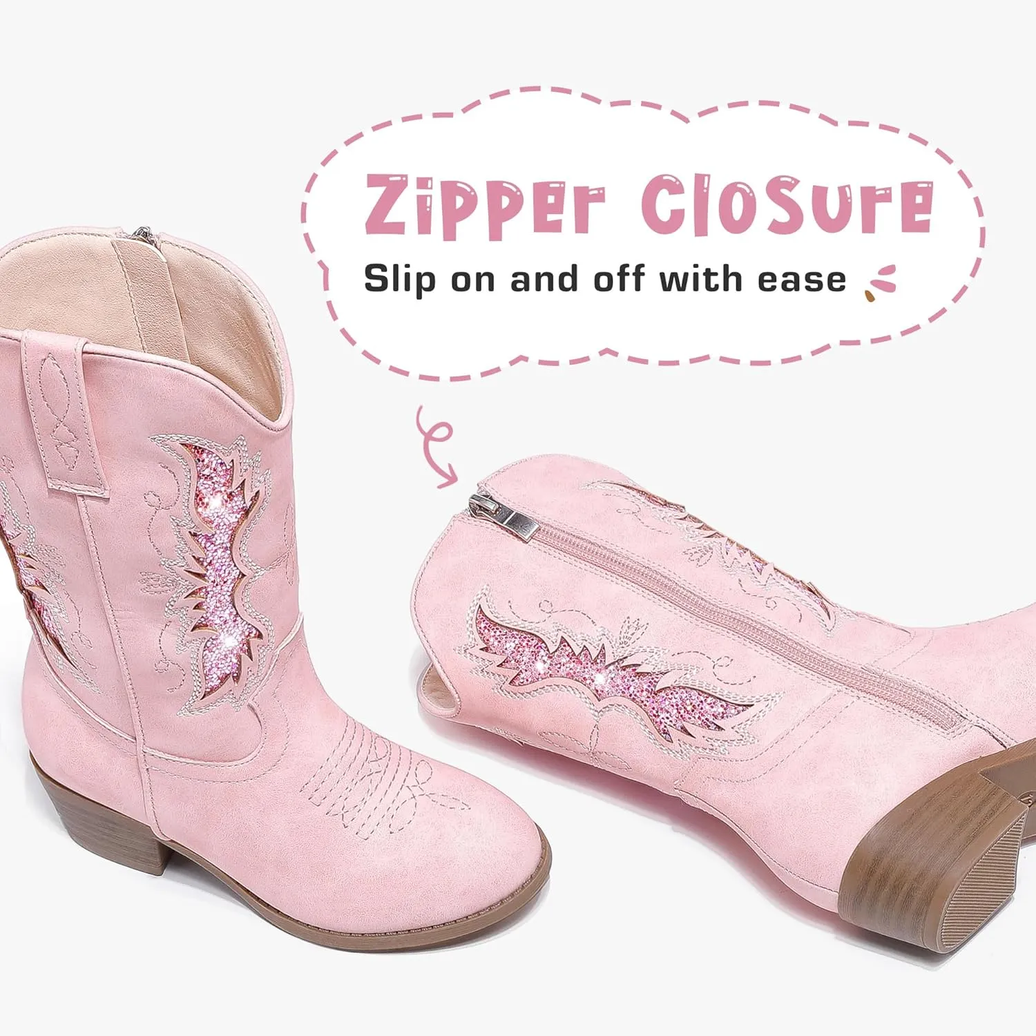 Sparkly Glitter Cowgirl Cowboy Boots for Girls Little Kids Mid Calf Zipper Pointed Toes Low Heel Western Embroidery Party Birthday Toddler to Big Kid