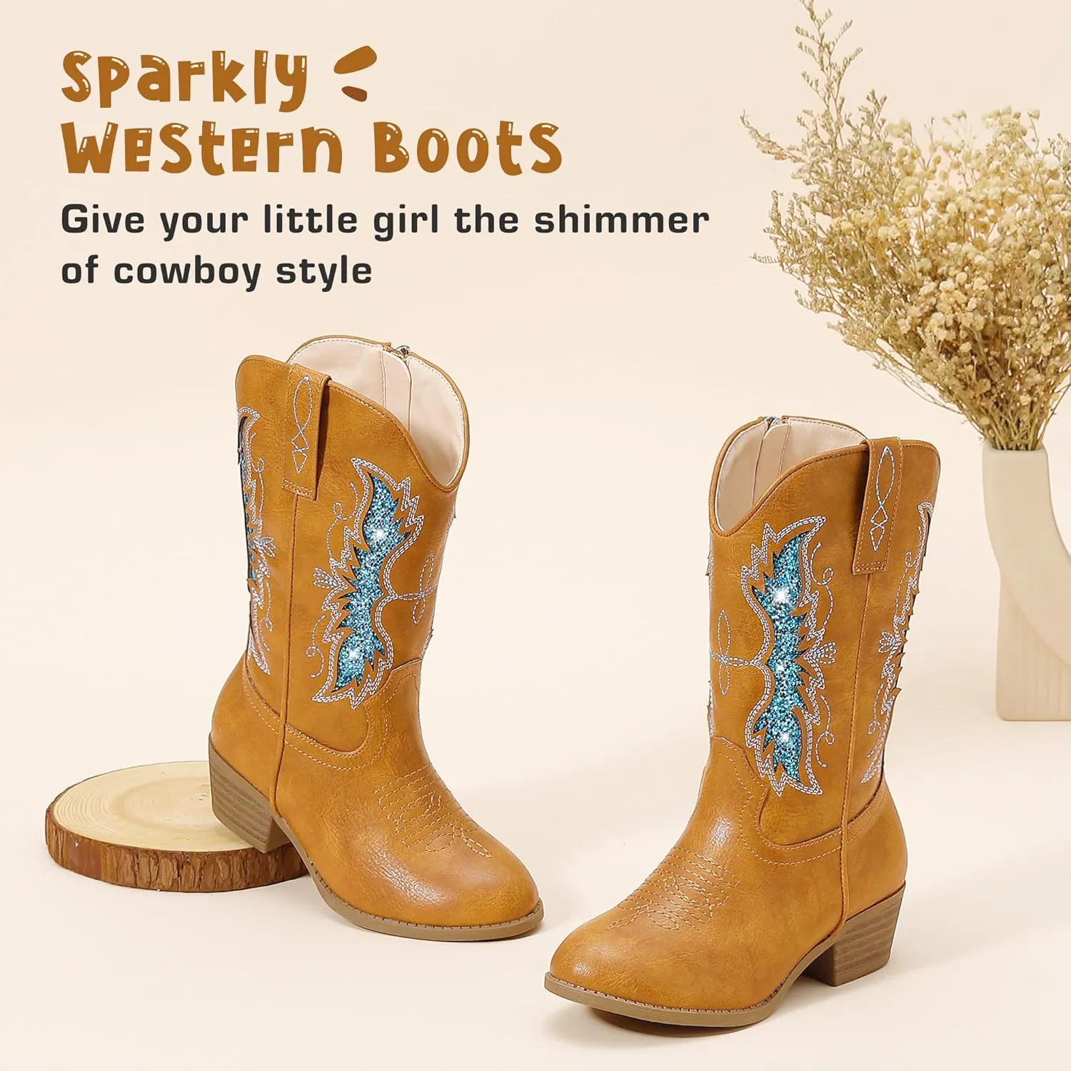 Sparkly Glitter Cowgirl Cowboy Boots for Girls Little Kids Mid Calf Zipper Pointed Toes Low Heel Western Embroidery Party Birthday Toddler to Big Kid