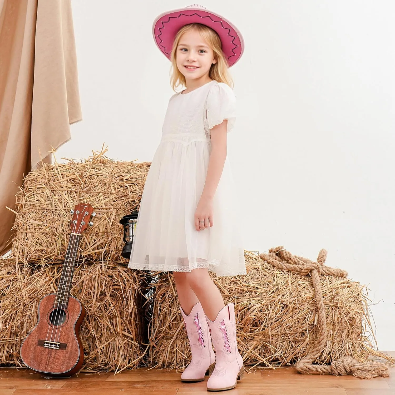 Sparkly Glitter Cowgirl Cowboy Boots for Girls Little Kids Mid Calf Zipper Pointed Toes Low Heel Western Embroidery Party Birthday Toddler to Big Kid