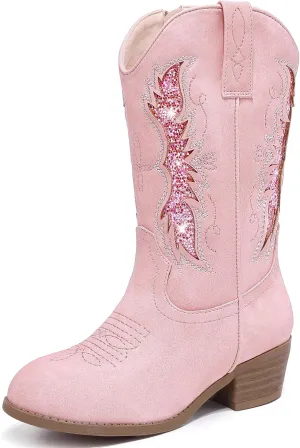Sparkly Glitter Cowgirl Cowboy Boots for Girls Little Kids Mid Calf Zipper Pointed Toes Low Heel Western Embroidery Party Birthday Toddler to Big Kid