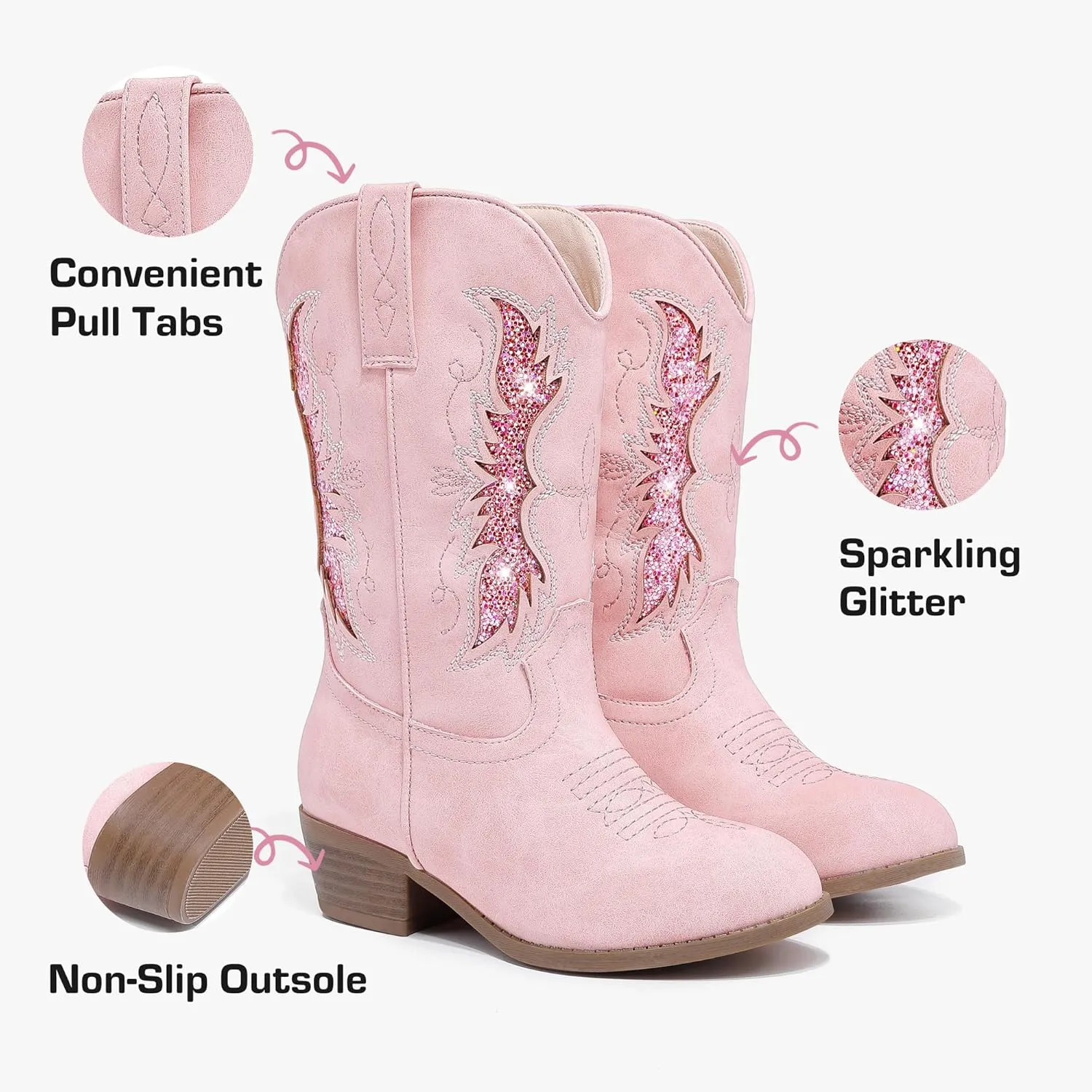 Sparkly Glitter Cowgirl Cowboy Boots for Girls Little Kids Mid Calf Zipper Pointed Toes Low Heel Western Embroidery Party Birthday Toddler to Big Kid
