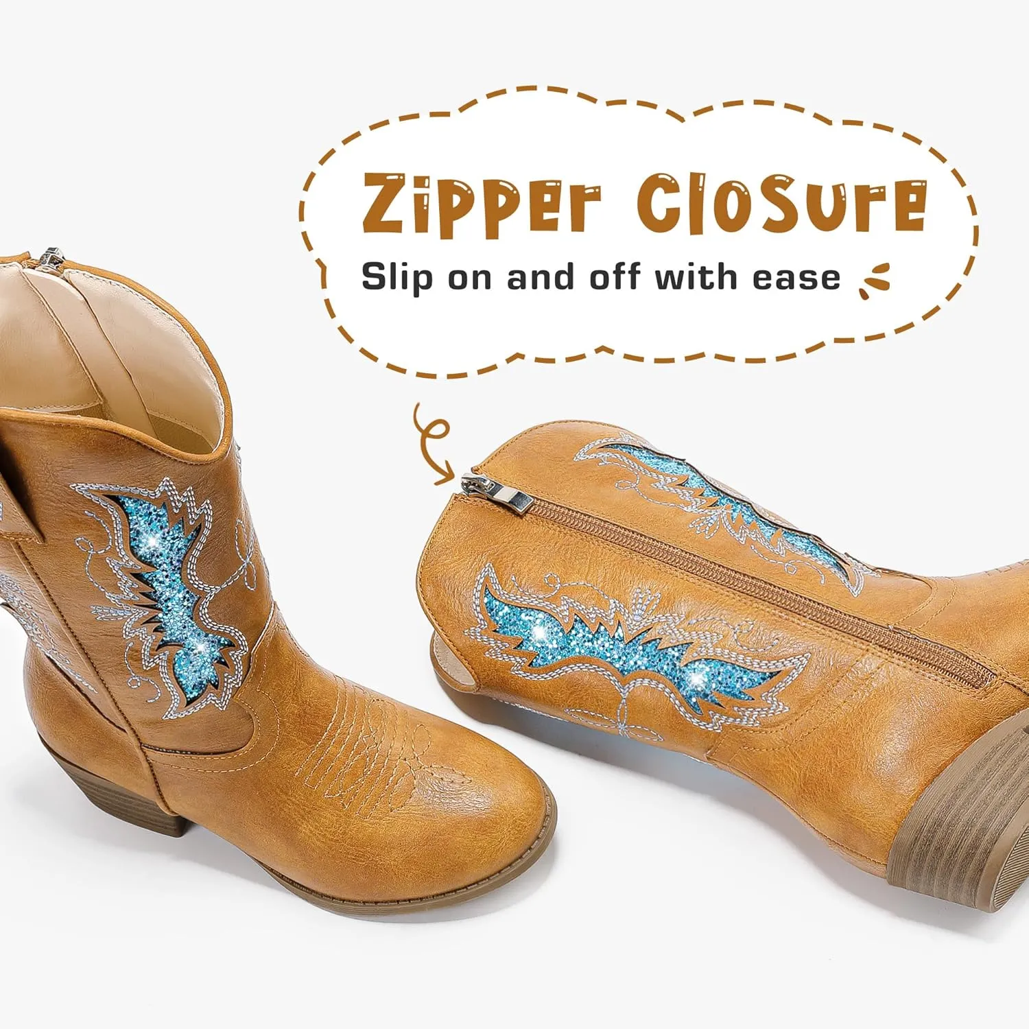Sparkly Glitter Cowgirl Cowboy Boots for Girls Little Kids Mid Calf Zipper Pointed Toes Low Heel Western Embroidery Party Birthday Toddler to Big Kid
