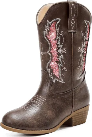 Sparkly Glitter Cowgirl Cowboy Boots for Girls Little Kids Mid Calf Zipper Pointed Toes Low Heel Western Embroidery Party Birthday Toddler to Big Kid