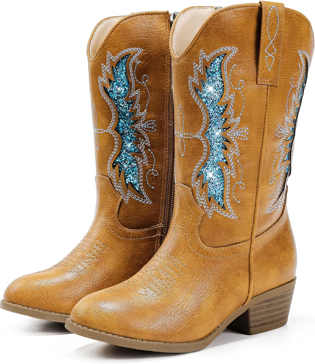 Sparkly Glitter Cowgirl Cowboy Boots for Girls Little Kids Mid Calf Zipper Pointed Toes Low Heel Western Embroidery Party Birthday Toddler to Big Kid
