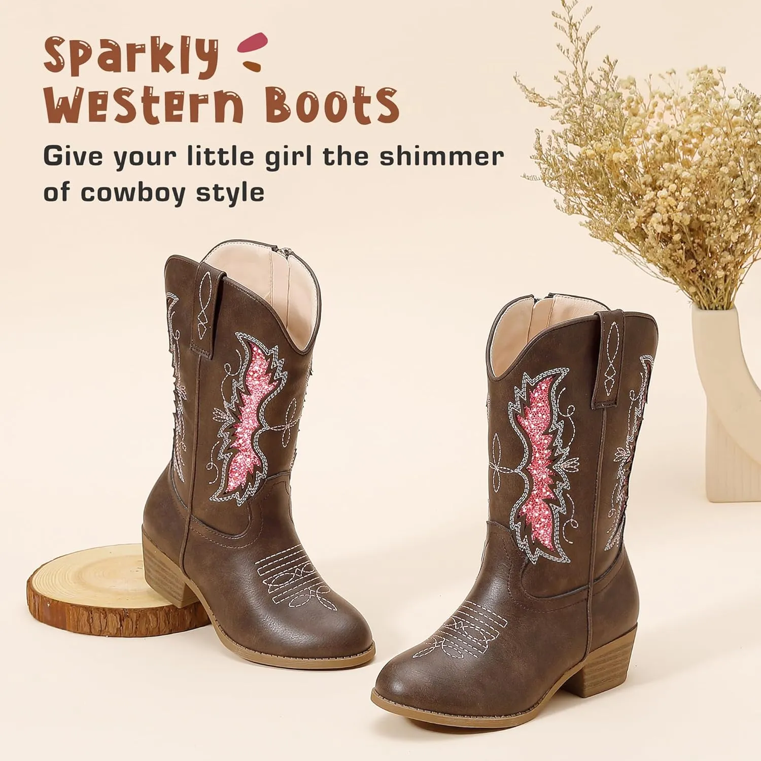 Sparkly Glitter Cowgirl Cowboy Boots for Girls Little Kids Mid Calf Zipper Pointed Toes Low Heel Western Embroidery Party Birthday Toddler to Big Kid