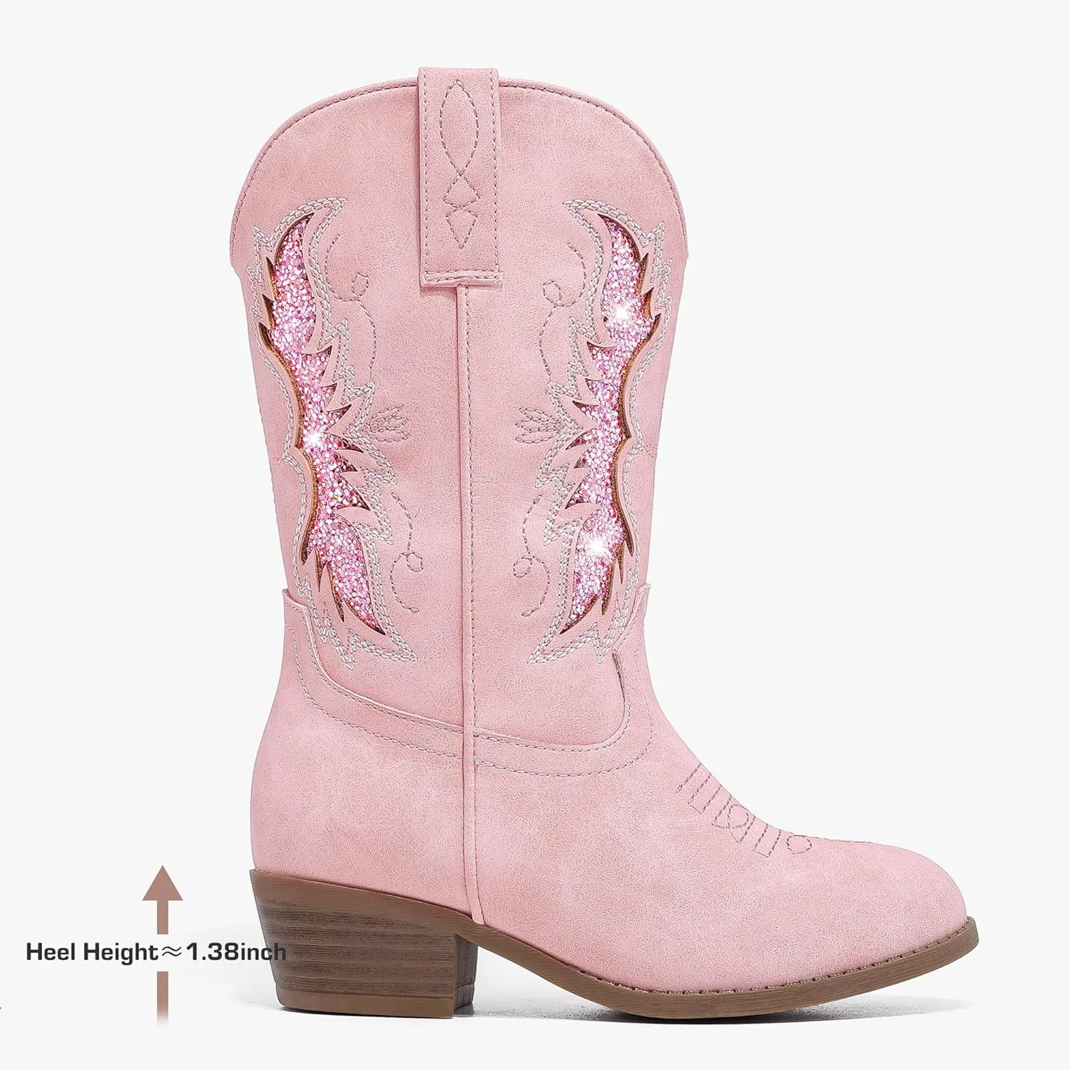 Sparkly Glitter Cowgirl Cowboy Boots for Girls Little Kids Mid Calf Zipper Pointed Toes Low Heel Western Embroidery Party Birthday Toddler to Big Kid